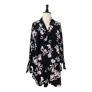 Roz & Ali Long Jacket Open Front Tie Sleeves Black Pink Floral Women’s Plus 3X